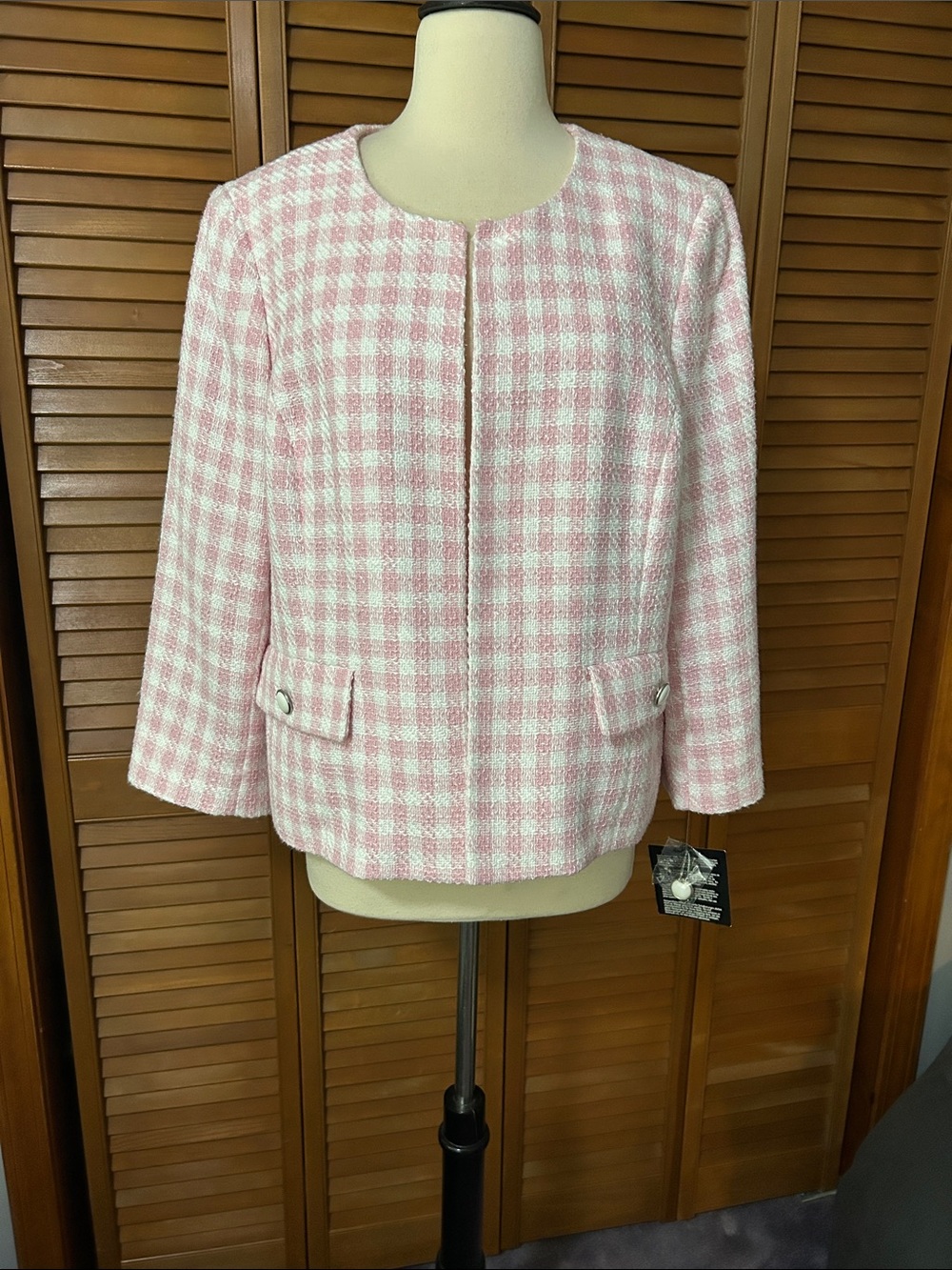 Kasper Pink and White Gingham Tweed Collarless Jacket